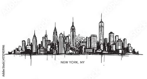 New York, NY cityscape landscape panoramic, abstract brush sketch line vector 