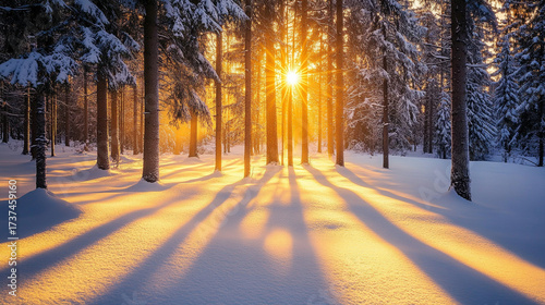 pine forest with golden sunlight. winter landscape background