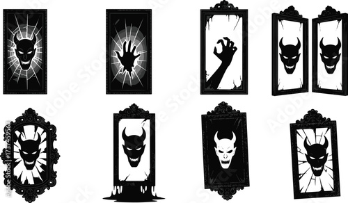 Haunted mirror with demonic faces, creepy ghost hands, broken glass, and scary horror fantasy Halloween spooky gothic vector illustration design.