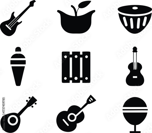 Andean music icons set diverse musical instruments vector graphics bundle