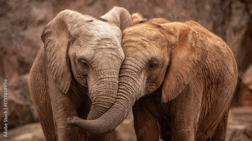 Obraz premium Elephant Hugging. Wildlife Affection in Nature Between Two Big Mammals