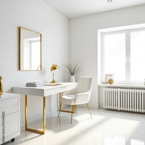 Minimal home office in white and gold palette with elegant decor