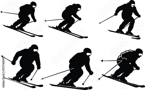 Silhouette of skiers performing downhill skiing, winter sport illustration, ski equipment design, alpine snow activity, outdoor adventure, skiing athlete vector graphic