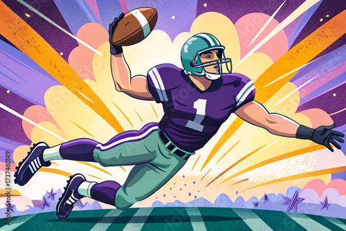 Dynamic scene of an American football player suspended mid-air catching a ball in an isolated pose, highlighting athletic strength and energy, illustrated in premium vector style, suitable for stock 