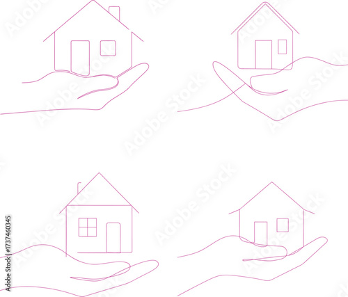 Hand holding a line drawing of a house representing homeownership and security and Continuous line drawing