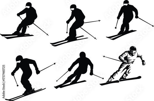 Silhouette of skiers in action, winter sports illustration, skiing poses, downhill adventure, ski equipment, outdoor snow activities, alpine performance, vector