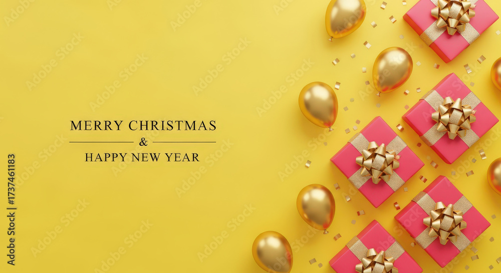 Fototapeta premium New Year's Celebration Yellow Background Gifts Ornaments Balloons Decoration