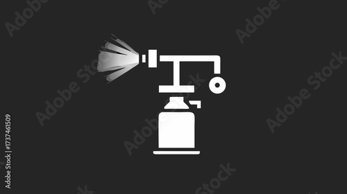 Graphic icon of a white spray bottle or gun emitting mist, isolated on dark background, for cleaning, application, or disinfection concept