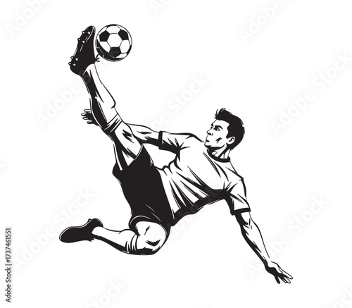 Dramatic overhead sideways scissor kick on a ball by soccer athlete. abstract black and white Vector brush illustration