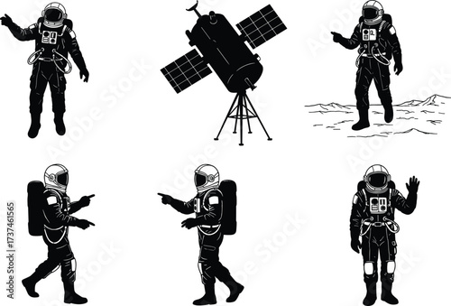 Astronaut silhouette, space exploration, satellite on tripod, cosmic mission, moonwalk, futuristic science, black and white, outer space activity