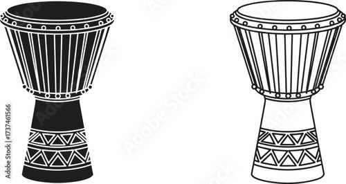 Djembe drum silhouette and outline set, African percussion instrument, black illustration, vector art, white background, cultural music design
