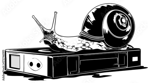 Slow garden snail crawling on a vintage video cassette tape, a retro black and white illustration symbolizing outdated technology and obsolescence.