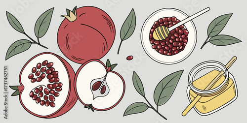 Abstract vector illustration of a set of fresh summer fruits like strawberry, cherry, and raspberry with leaves and flowers on a red background