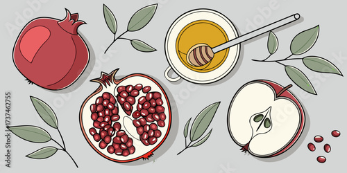 Fresh fruit vector set featuring red and green olives, an apple, and an apple tree illustration