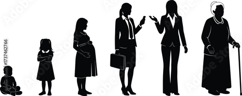 Female life stages silhouette, aging progression, baby to elderly, black figures, role evolution, vector illustration, white background, woman developmen