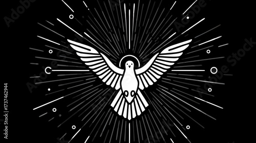 Stylized white dove with outstretched wings, halo, and radiant light rays on a black background, symbolizing peace and spirituality.