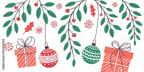 Elegant Christmas tree decoration with snow ornament balls on a winter holiday background for a new year greeting card design illustration