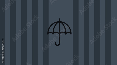 Minimalist black outline umbrella icon on a dark striped background. Simple graphic illustration, modern style, abstract weather symbol.