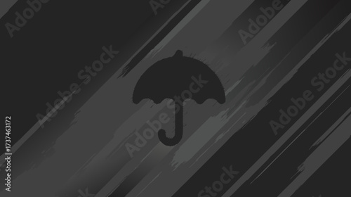 Minimalist dark grey umbrella icon on an abstract atmospheric brush stroke background, symbolizing protection and weather.