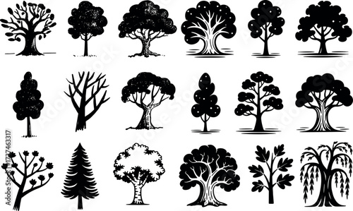 Collection of diverse tree illustrations in black and white for nature and design projects