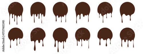 Chocolate melt drips paint circle set. Flowing liquid drips and dynamic paint splashes