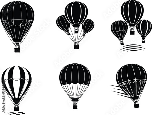 Silhouette hot air balloons in flight, ascending, descending, wind-blown, clustered, stationary, black and white vector icons for aviation concepts