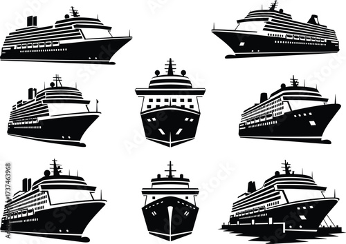 Cruise ship vector set, black and white illustration, maritime transport icons, ocean liner silhouette