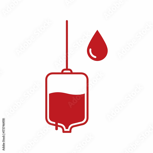 Red blood bag with an IV line and a single blood drop, symbolizing donation or transfusion in a medical context.