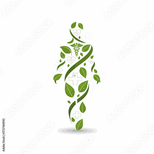 Holistic health and natural medicine concept with a human figure made of green leaves and medical icons.