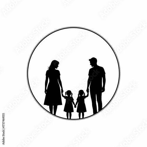 Silhouette of a family with two young daughters holding hands within a circular frame.