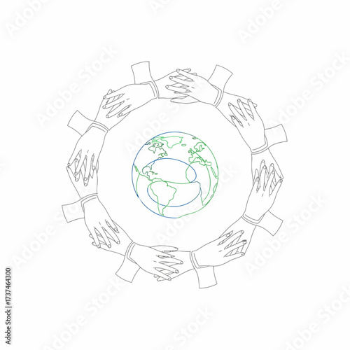 Illustration of hands encircling the Earth, symbolizing unity and global cooperation.