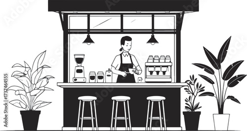Monochrome Vector of a Coffee Kiosk Bar with Barista, Espresso Machine, Stools, and Potted Plants