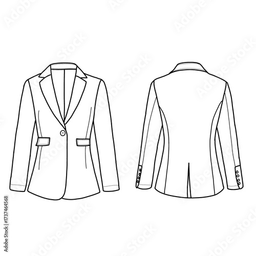A technical flat sketch of a single-breasted blazer. This fashion drawing shows a notched lapel, single button closure, flap pockets, and a back vent. Front and back view. Flat sketch vector. 