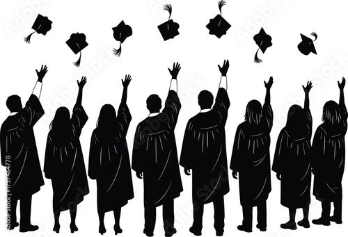 Graduation silhouette group, cap toss celebration, academic achievement, black figures, student success, vector illustration, white background, education milestone