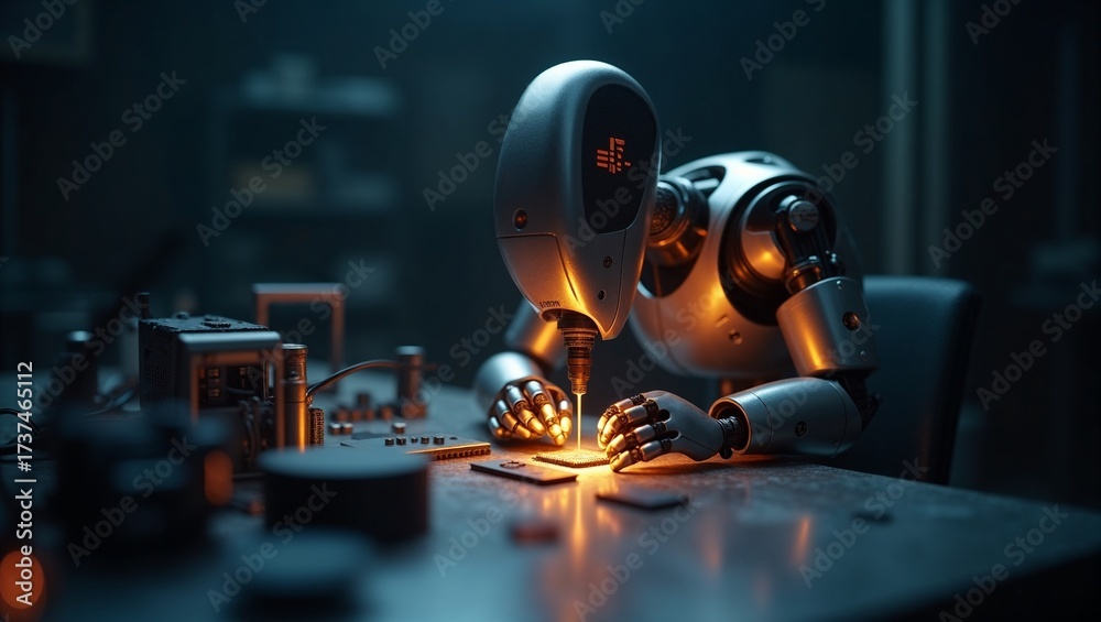 Fototapeta premium Android robot repairing circuit board under warm workshop light
