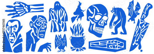Abstract halloween cut out style icons of spooky design elements