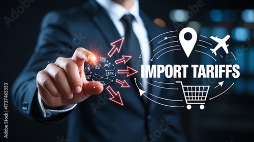 Global business import tariffs concept with transport shopping and logistics digital icons 
