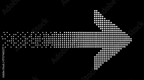 Digital pixelated arrow dissolving into small squares, pointing right on a black background. Modern technology progress concept.