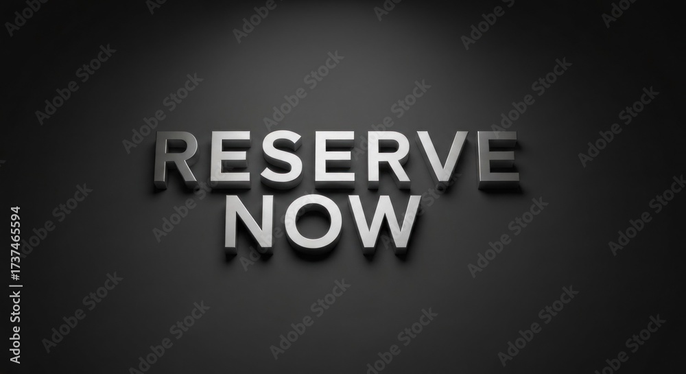Fototapeta premium 'RESERVE NOW' in 3D chrome letters on dark background with dramatic spotlight