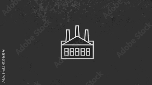 Minimalist industrial factory building line icon on dark textured background, representing manufacturing, production, and industry