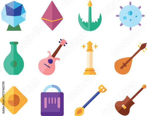 Fantasy game music instruments and items vector icons bundle 30 scalable illustrations