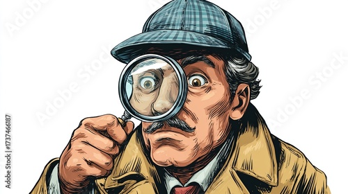 Wallpaper Mural Illustrated close-up of a man, hat, and trench coat, peering intensely through a magnifying glass, surprised Torontodigital.ca