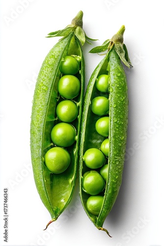 Top view of green peas, open pod isolated on white background