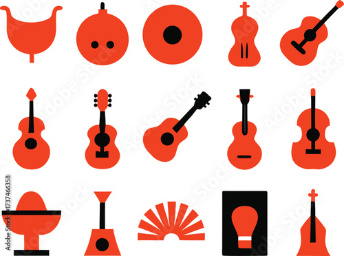 Set of 30 spanish flamenco musical instrument icons for vector graphics and illustration