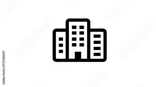 Modern office building icon illustration, minimalist black line drawing of a multi-story corporate headquarters or apartment complex symbol.