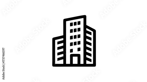 Minimalist black line icon of a modern multi-story office building, skyscraper, or apartment block. Urban architecture and real estate symbol.