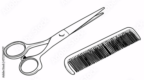 Professional hairdressing scissors and comb, detailed line art illustration, essential tools for hair cutting, styling, and salon work.
