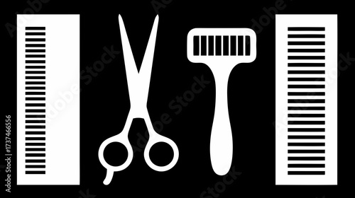 Modern Hair Styling Tools Silhouettes Set: Professional Barber Scissors, Combs, and Razor Icons on Black Background for Design
