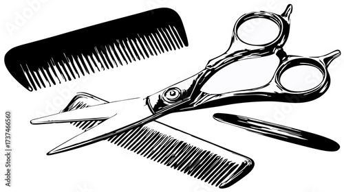 Hand-drawn sketch of professional hair cutting scissors and combs, barber tools for hairdressing and grooming, vintage style illustration