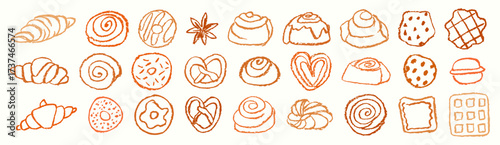 Croissants and cinnamon bun  isolated on white background. Set of hand drawn pastries in crayon style. 
